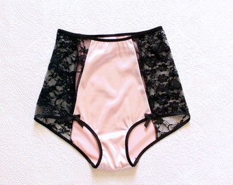 Va-Va-Voom! Pink Satin and Black Lace Pin-Up High Waist 'Witching Hour' Panties Handmade to Order in your size