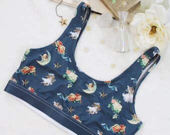 y2k Angel Aesthetic Bra | Victorian floral Cherub Print Pull On Bralette