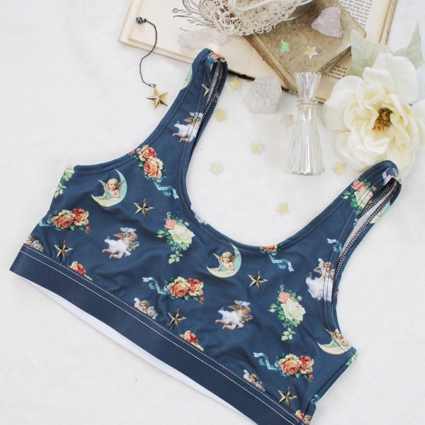 y2k Angel Aesthetic Bra | Victorian floral Cherub Print Pull On Bralette