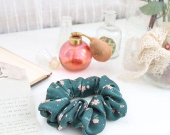Forest Flower Green Scrunchie | 100% Silk Hair Tie |  | Pretty Cottagecore Hair Accessory