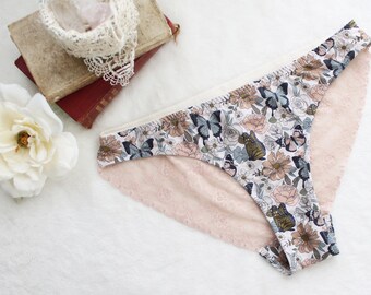 Retro Butterfly Floral Panties | Champagne Lace with Beige, Blue and Apricot Flowers and Butterflies