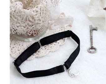 Satin Lingerie Elastic Strap Choker with Crescent Moon Pendant Fully Adjustable