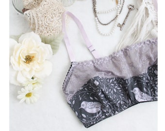 Cotton and Lace Bra | Sparrow Bird Print Morris Inspired Lingerie | Handmade in Your Size