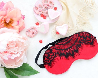 Valentinstag rote Seide und schwarze Wimpern Spitze Boudoir Augenbinde Schlafmaske anpassbare und handgefertigte zu bestellen