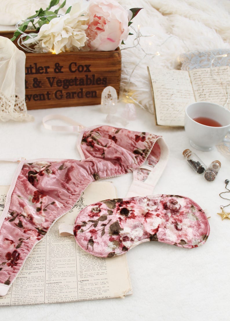 Crushed Velvet 'Cassia' Silky Dusty Rose Floral Sleep Mask Handmade Boudoir Gift image 2