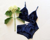 Midnight Navy Dark Blue Velvet Longline Bralette and Hipster Panties Lingerie Set Handmade to Order by Ohh Lulu