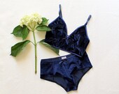 Midnight Navy Dark Blue Velvet Longline Bralette and Hipster Panties Lingerie Set Handmade to Order by Ohh Lulu