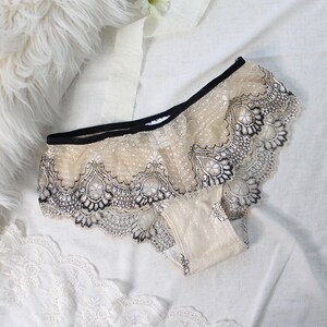 Clearance Lace Longline Lingerie in Champagne Beige and Black Bra & Panties XS-S-M Panties S/M