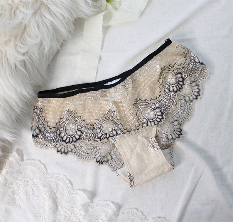 Clearance Lace Longline Lingerie in Champagne Beige and Black Bra & Panties XS-S-M Panties S/M