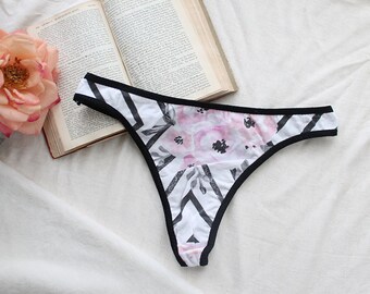 Geometric Floral Black and White Thong CLEARANCE Small