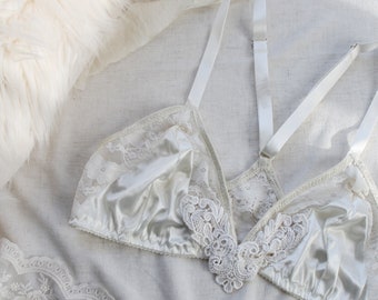 CLEARANCE Ivory Satin and Lace Bridal Bralette M/L Ready to Ship