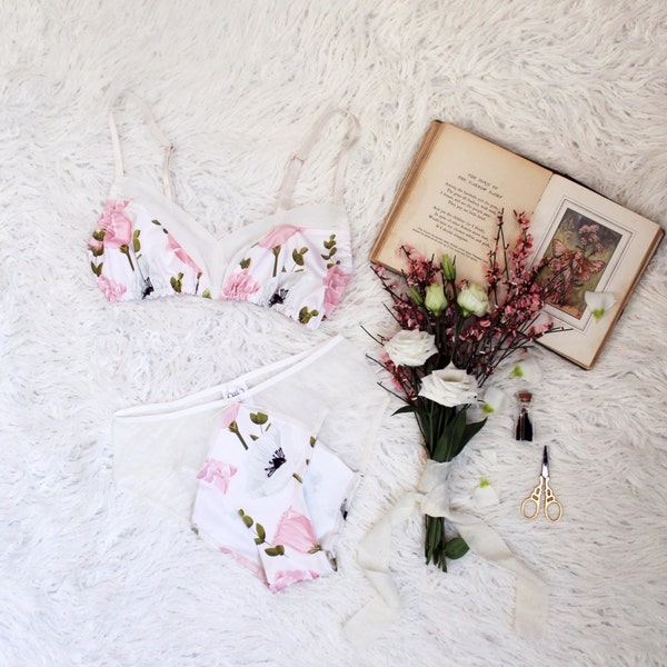 Bralette de color rosa y blanco Pastel romántico Floral 'anémonas' y bragas ropa interior conjunto hecho a mano a pedido