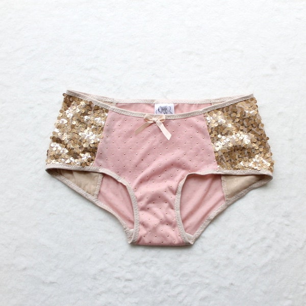Lingerie Sample SALE Pink and Gold Sequin Polka Dot Panties Handmade Hipster