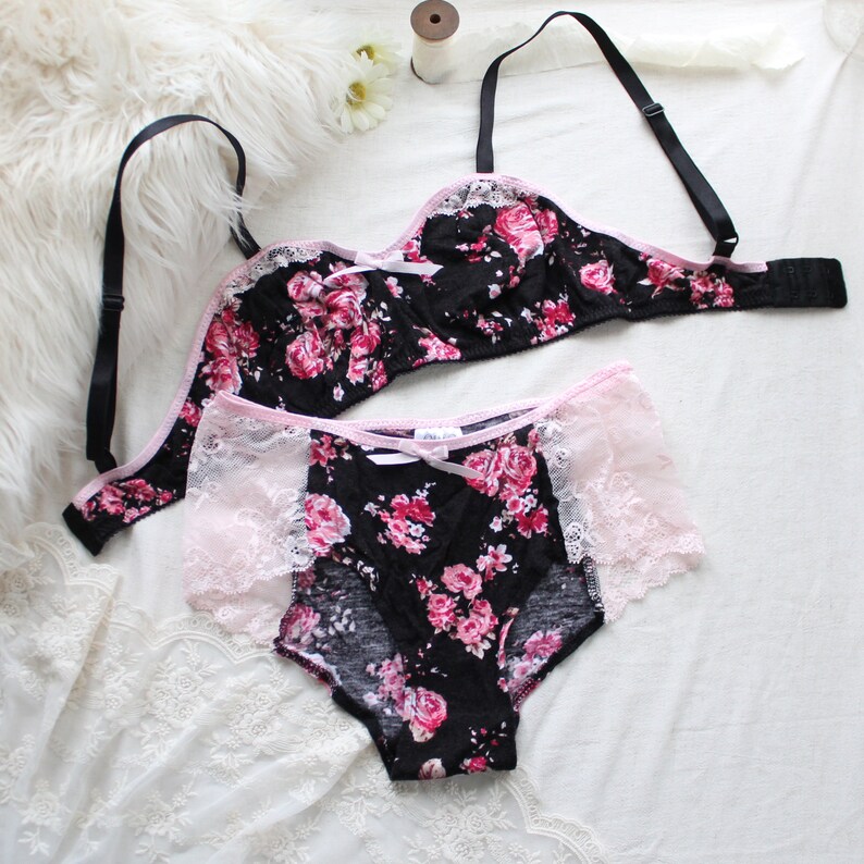 Sweet Pink & Black Floral Bralette and Panties CLEARANCE Small image 5