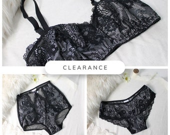 Black and Silver Lace Lingerie High Waist Panties, Bralette, Hipster Panties CLEARANCE XS/S