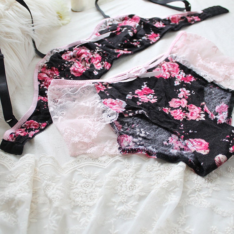 Sweet Pink & Black Floral Bralette and Panties CLEARANCE Small image 2