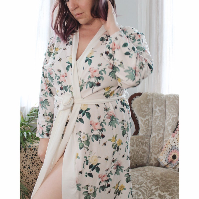 Beekeeper Robe Botanical Bee & Floral Kimono in Silk or Jersey Made in Canada image 2