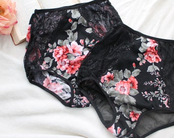 Black Floral and Lace High Waist Panties CLEARANCE Size XS / S