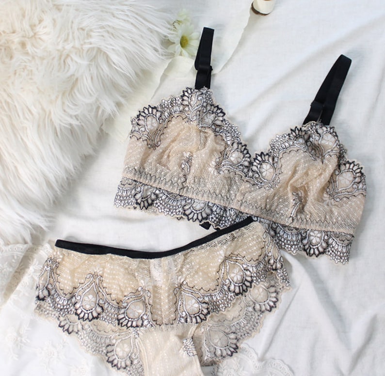 Clearance Lace Longline Lingerie in Champagne Beige and Black Bra & Panties XS-S-M image 1