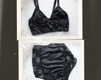 Black Satin Lingerie Longline Bra and High Waist Panties CLEARANCE XS/S