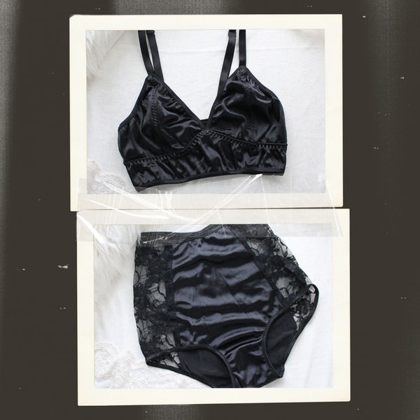 Black Satin Lingerie Longline Bra and High Waist Panties CLEARANCE XS/S