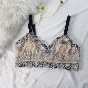 Clearance Lace Longline Lingerie in Champagne Beige and Black Bra & Panties XS-S-M image 5