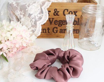 Pure Silk Scrunchie Hairtie in Mauve Brown Rosewood Handmade Natural Hair Elastic