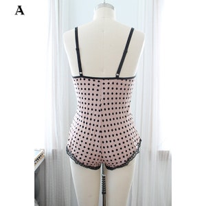Sample Clearance Sale Taupe and Black Polkadot Romper with Lace Size Small image 4