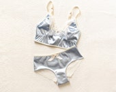 Baby Blue 'Sky' Satin and Lace Brazillian Cheeky Panties and Cropped Cami Bridal Lingerie Handmade to Order