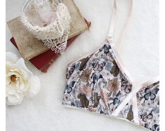 Retro Butterfly Bralette | Soft Bamboo Bra in Muted Blue and Beige | Handmade in Canada by Ohh Lulu