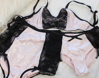 Clearance Pink Satin and Black Lace Pin-Up Retro Lingerie Ready to Ship XS-S