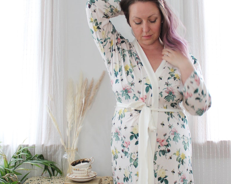 Beekeeper Robe Botanical Bee & Floral Kimono in Silk or Jersey Made in Canada image 5