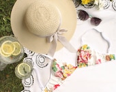 White Floral 'Lemonade' Triangle Bra in Cotton Jersey with Mustard Red and Pink Roses Handmade to Order