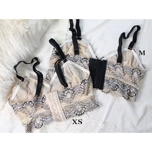 Clearance Lace Longline Lingerie in Champagne Beige and Black Bra & Panties XS-S-M image 4