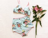 Tropical Wrap Bra and High Waist Pin-Up Panties Set in Pastel Aqua Mint Pink and Yellow Perfect for Summer Handmade to Order