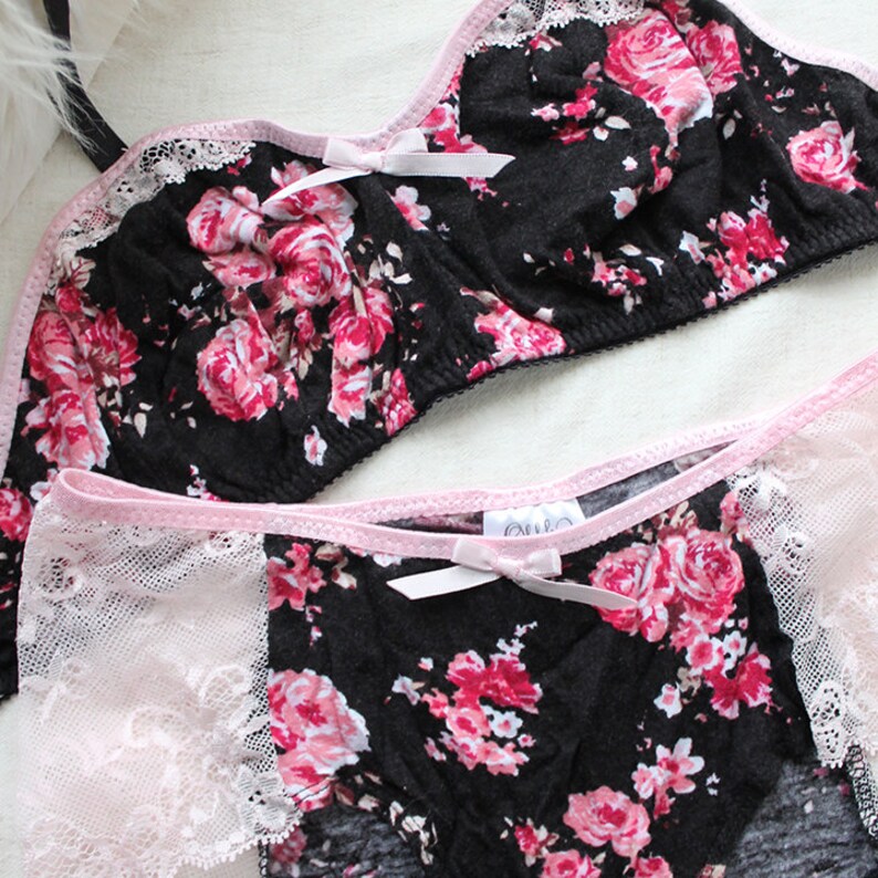 Sweet Pink & Black Floral Bralette and Panties CLEARANCE Small image 3