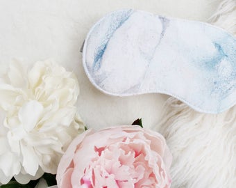 Cotton 'Marble' Sateen Sleep Mask in White Blue and Rose