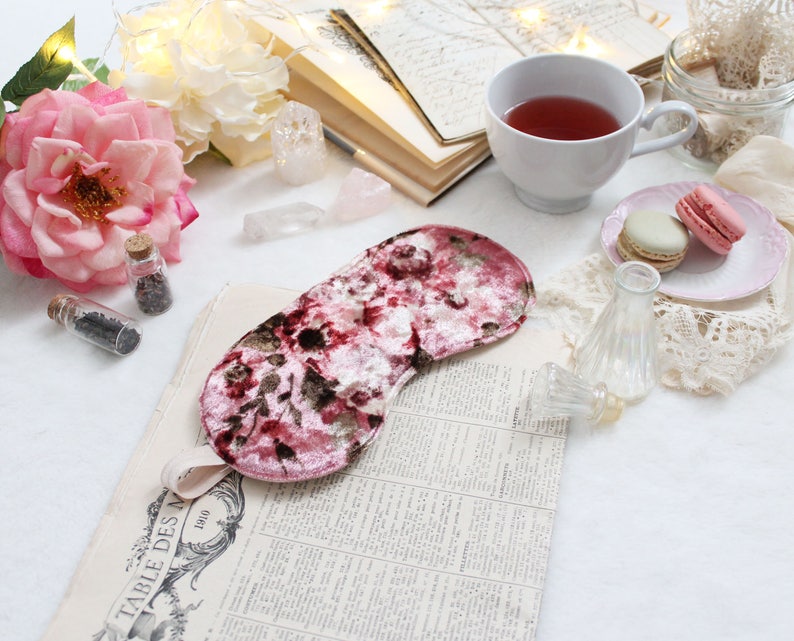 Crushed Velvet 'Cassia' Silky Dusty Rose Floral Sleep Mask Handmade Boudoir Gift image 1