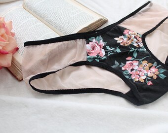 Clearance Black and Beige Floral Sheer Panties Small / Medium