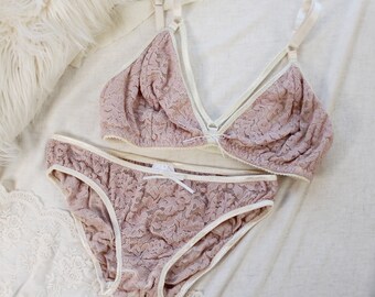 Blush Pink Lace Strappy Lingerie Bra and Panties Clearance XS-M Ready to Ship