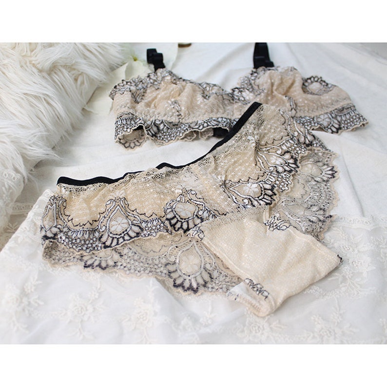 Clearance Lace Longline Lingerie in Champagne Beige and Black Bra & Panties XS-S-M image 3