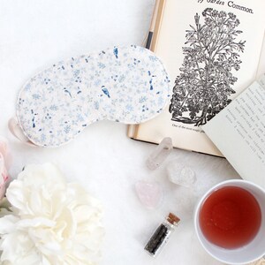 Blue and Beige 'Magpie' Cotton Bird Toile Print Sleep Mask image 4