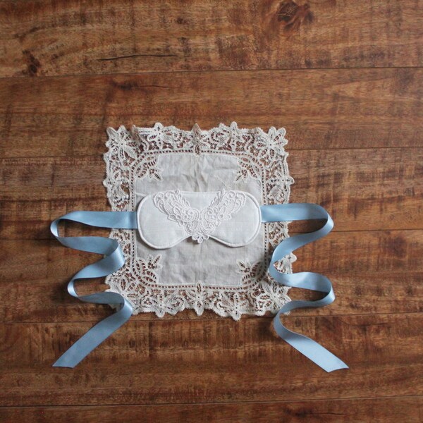 Silk 'Grace' Bridal Sleep Mask Blindfold with Venice Lace in Ivory and Blue Handmade Heirloom