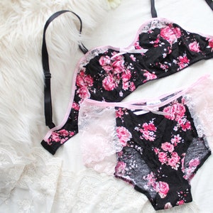 Sweet Pink & Black Floral Bralette and Panties CLEARANCE Small image 1