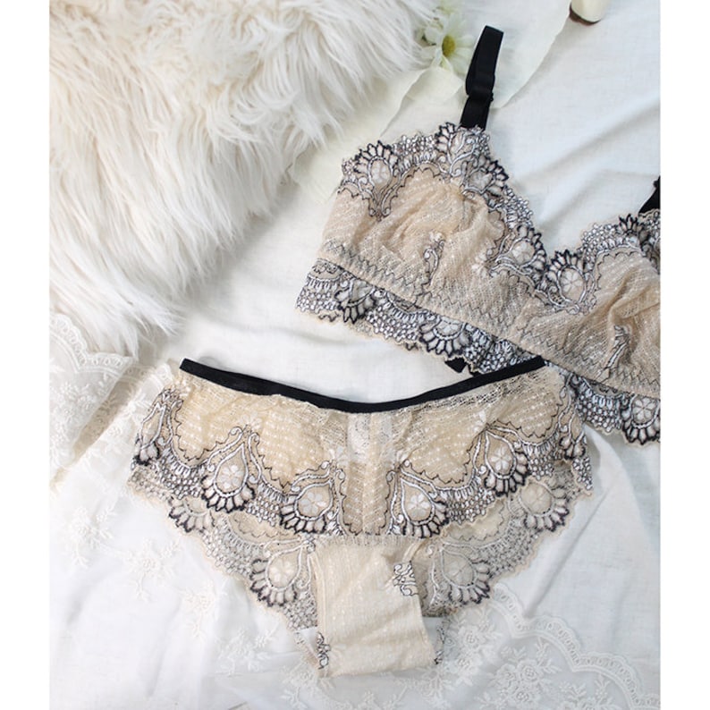 Clearance Lace Longline Lingerie in Champagne Beige and Black Bra & Panties XS-S-M image 2