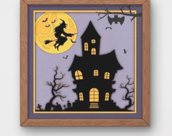Halloween Haunted House Witch Shadow Box SVG | 9-Layer Papercut Template (Digital Download)