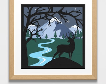 Layered Mountain Scene Papercut SVG | 9-Layer Shadow Box Template (Digital Download)