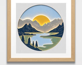 Layered Mountain Sunset Papercut SVG | 7-Layer Shadow Box Template (Digital Download)