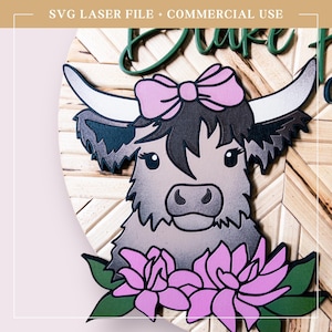 Baby Highland Cow with Flowers & Bow Laser Cut File | SVG File for Laser Cutting | Farmhouse Decor | Baby Nursery Wall Art