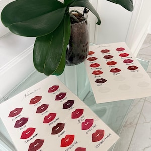 May include: Two sheets of paper displaying lipstick color swatches. Each swatch is a painted lip shape with a color name below. The colors range from light pinks to deep reds and browns. A green plant is in the background.